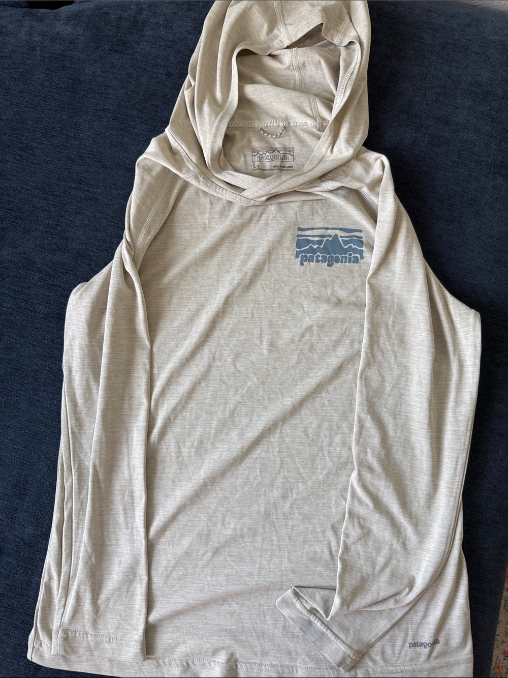 Patagonia Cream Lightweight Hooded Long Sleeve Tee with Blue Logo